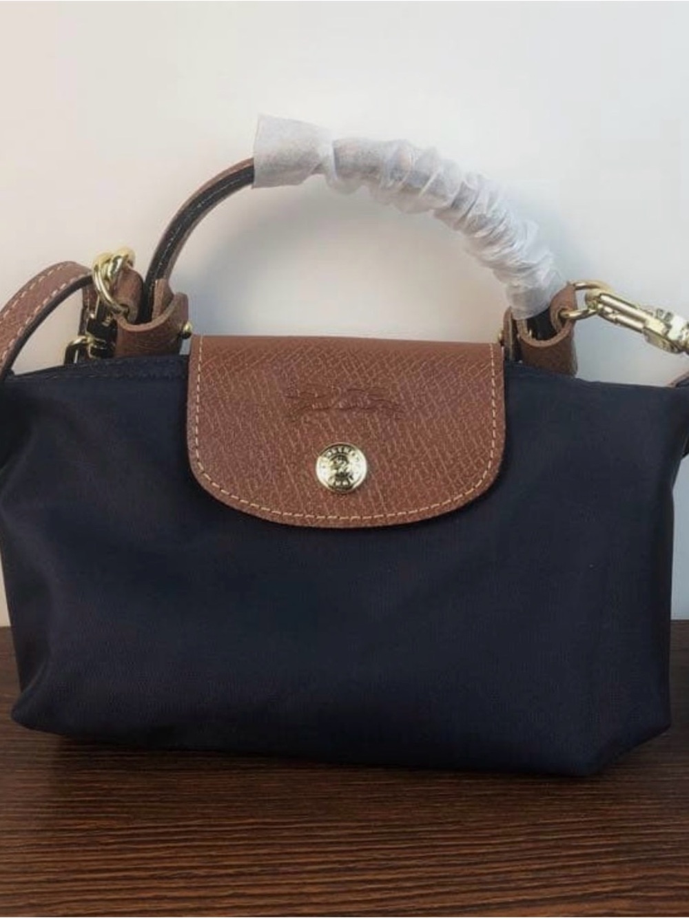 Longchamp Navy and Brown Mini Le Pliage Top-Handle Bag
